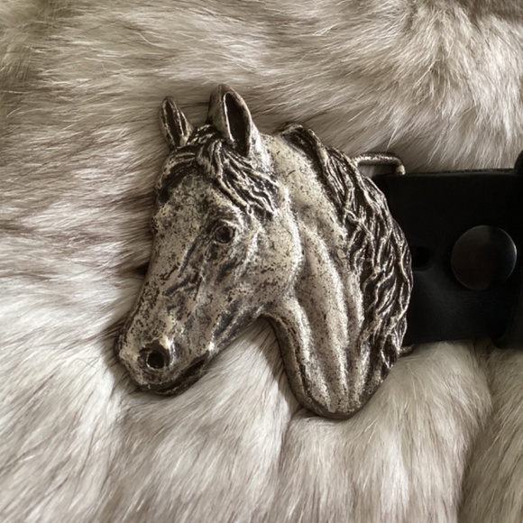 Beautiful Silver Tone Metal Horse Head Buckle Black Leather Belt main image 6